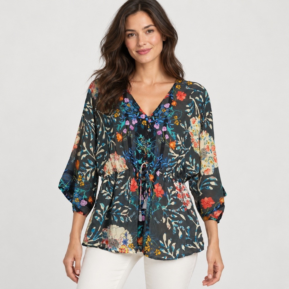 Johnny Was Top Floral Print Cupro Rayon Drawstring Waist Boho XS